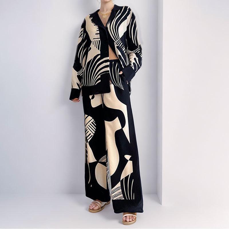 European & American Women's Graffiti Lapel Shirt and Long Sleeve Fashion Two-Piece Set