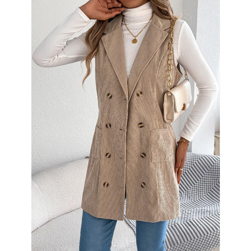 Solid-color Double-breasted Pocket Long Vest Jacket for Women In Autumn and Winter