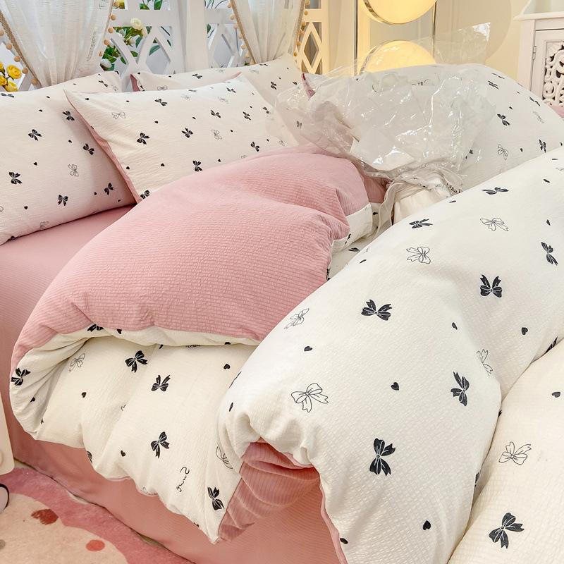 Class A Maternal Infant Grade Small Fresh Super Soft Bubble Cotton 4-Pcs Set Washed Cotton Quilt Cover Dormitory 3-Pcs Set Bed Hat