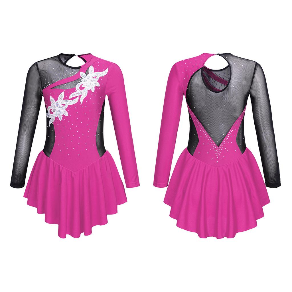 Girls Figure Skating Dress Sequins Mesh Long Sleeve Leotard Gymnastics Suit Ballet Clothing Dance Costume
