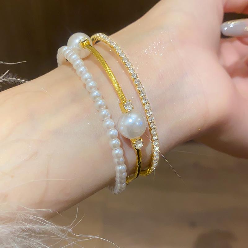 Vintage Multi-Layer Pearl & Diamond Bangle Bracelet for Women - High-End Court Style Jewelry with Light Luxury Appeal