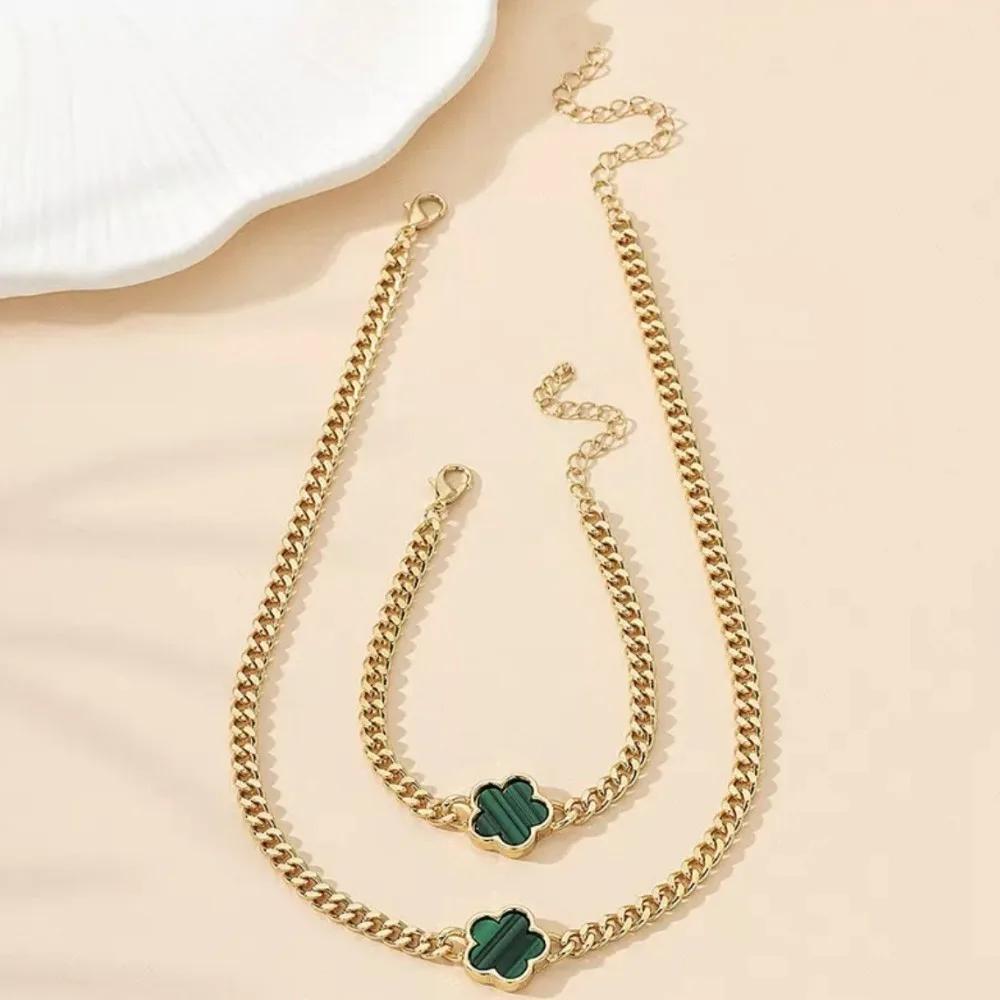 

New Plant Petal Five Leaf Flower Necklace Bracelet Sets for Women Girls New Trendy Zircon Sets Gifts 45cm зелений