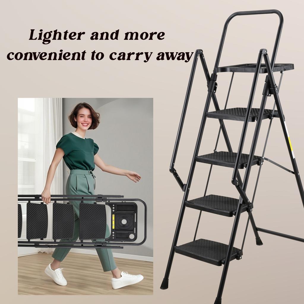4 Step Ladder, Sturdy Steel Stool with Anti-Slip Wide Pedals, Handrail, Safe-Lock Design, Pass 330 lbs Load Testing, Folding Portable Black