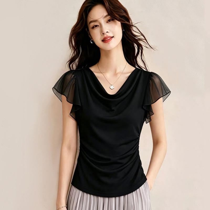 High-end Cool Sense of Swing Collar Chiffon Ruffled Short-sleeved T-shirt Women's Pleated Slim Slimming Design Top