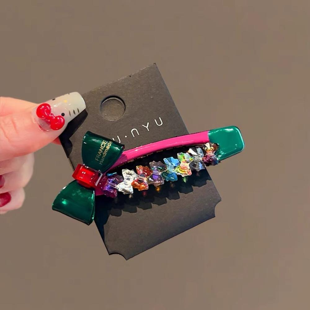 Korean-style Colored Crystal Bow Hairpin Contrast Color Rhinestone Side Bang Clip Women Sweet Duckbill Clip Cute Hair Accessory