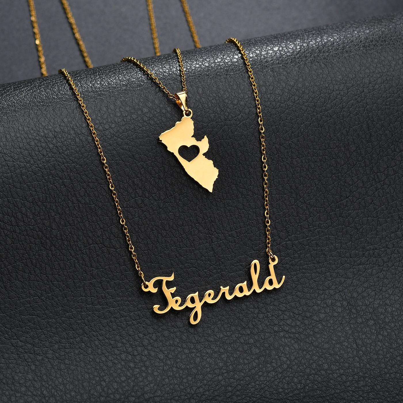 Atoztide Customized Name Necklace Counrtry Map Choker Stainless Steel Letter Double Layers Chain Pendant Jewelry for Women Gift 35cm&Same map as picture