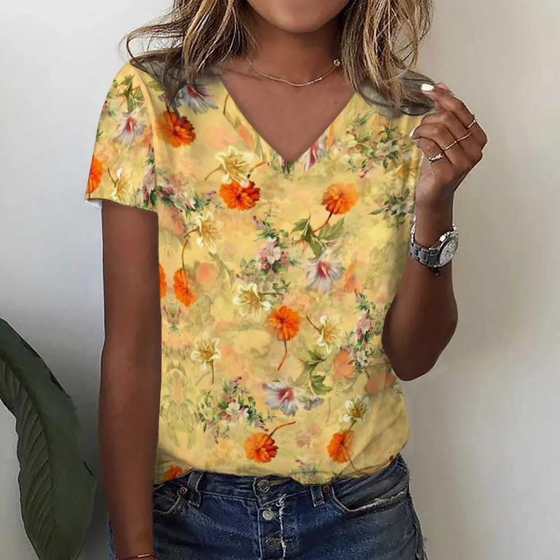 Fashion Sunflower Floral 3D Print T Shirt Summer Women V-Neck T-shirts Harajuku Streetwear Y2k Tees Top Woman Clothing Shirt