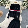 Autumn Winter Women Striped Knitted Sweater Vintage Two Piece Trouser Set V-neck Pullover Tops and Wide Leg Pant Suit