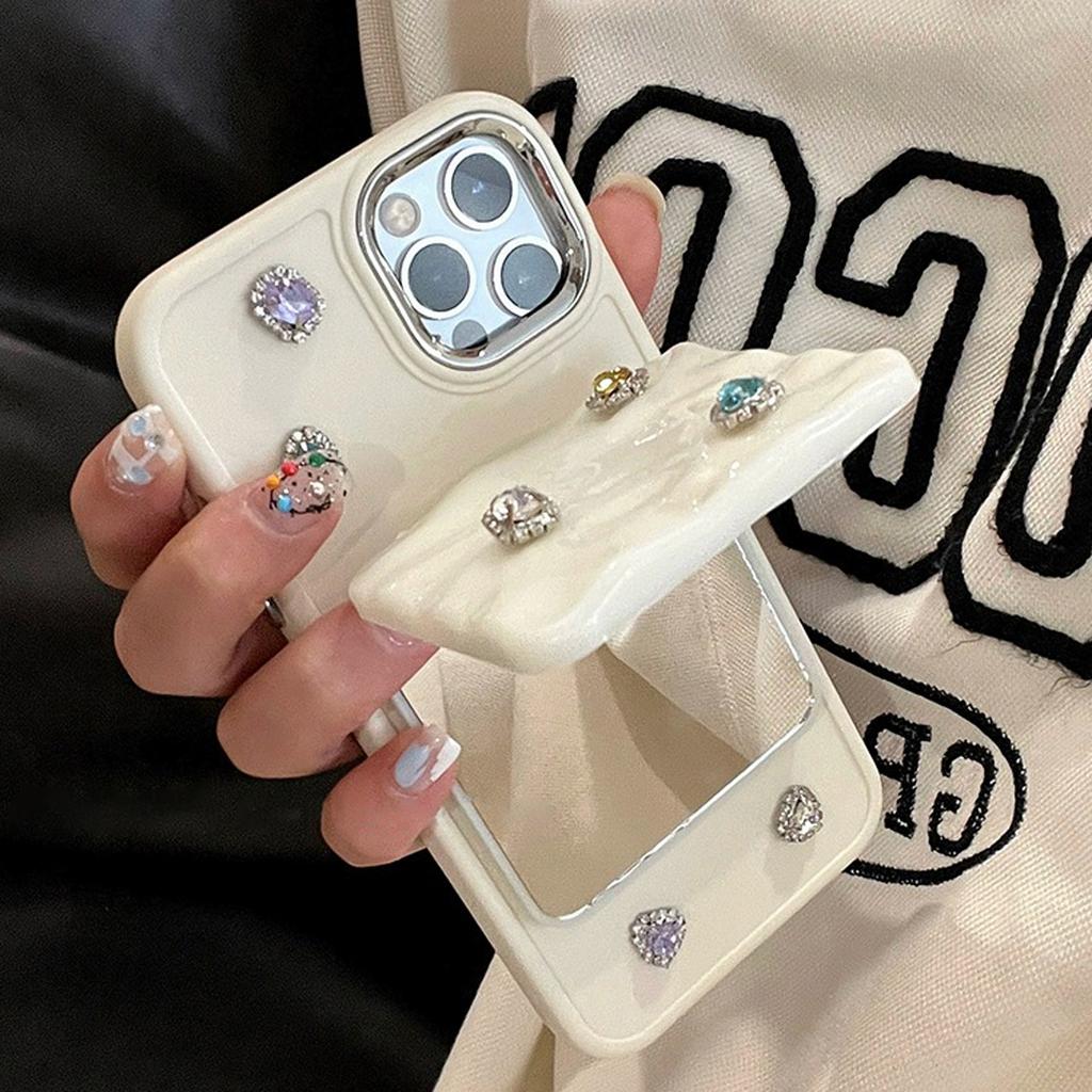 Stylish Colorful Diamond Flip Mirror Folding Phone Case For iPhone 15 14 13 12 11 Pro Max Drop Proof Cartoon Girl Phone Case