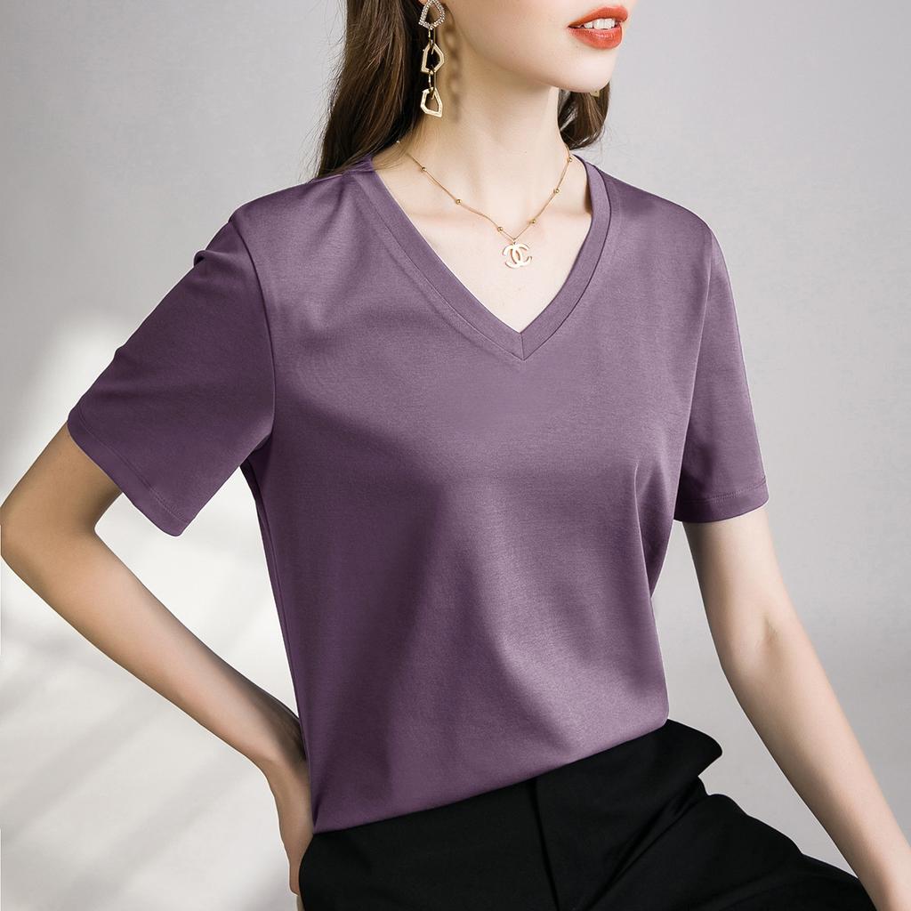 High-quality mercerized cotton women's short-sleeved new loose inner and outer wear round neck liquid ammonia bottoming shirt