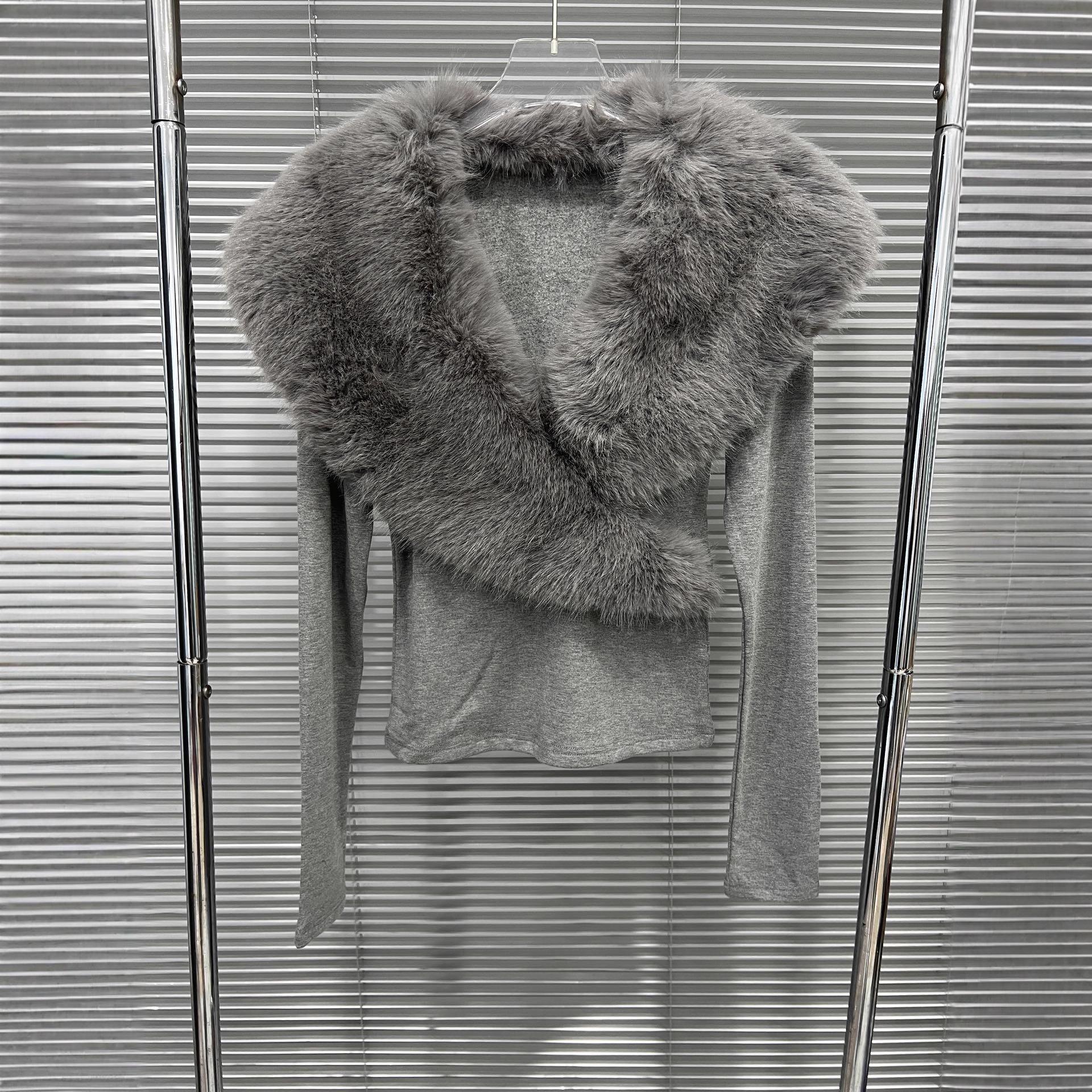 

2025 Autumn/Winter Women s V-neck Slim-fit Fur Collar Top - Korean Style Long-sleeve Versatile Base Layer L серый
