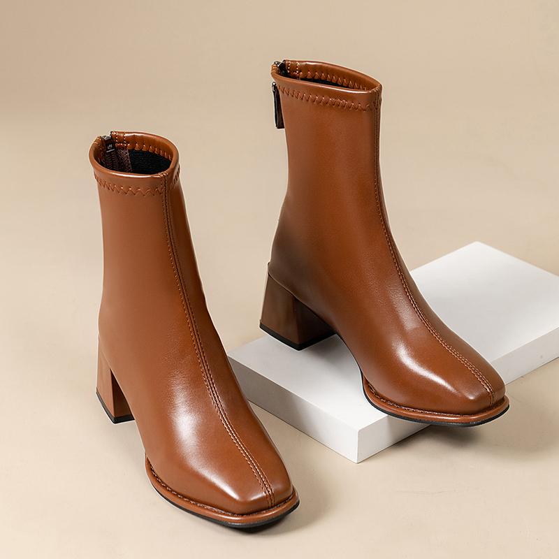 High-quality Square-toe Platform Short Boots For Ladies, 2026 Fashion Trend Wide Heel, Back Zipper, Large Size Women's Boots