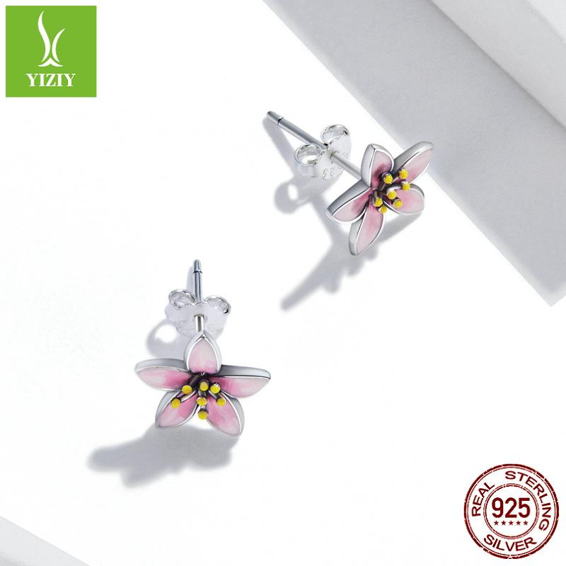 Pink Cherry Blossom S925 Silver Stud Earrings Women'S, Japanese Oil Drip Flower Earrings Earrings Sce1273