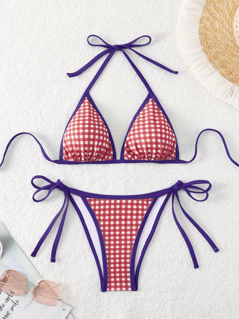 European & American Sexy Houndstooth Tie Halter Triangle Bikini Swimsuit for Women