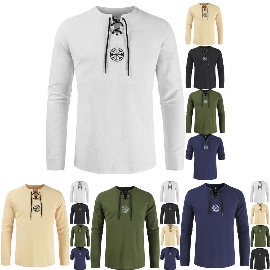 Stylish Medieval Men's Long Sleeve Lace Up Solid Color Retro Cosplay Costume T-shirt