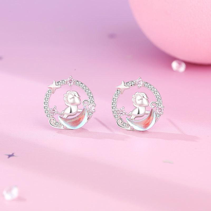 Tichya S925 Sterling Silver Horse & Moonstone Earrings - Zodiac Horse Design for Women 925 Silver