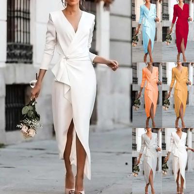 Women Long Sleeve Color V-Neck Irregular Dress Waist Dress Evening Dress
