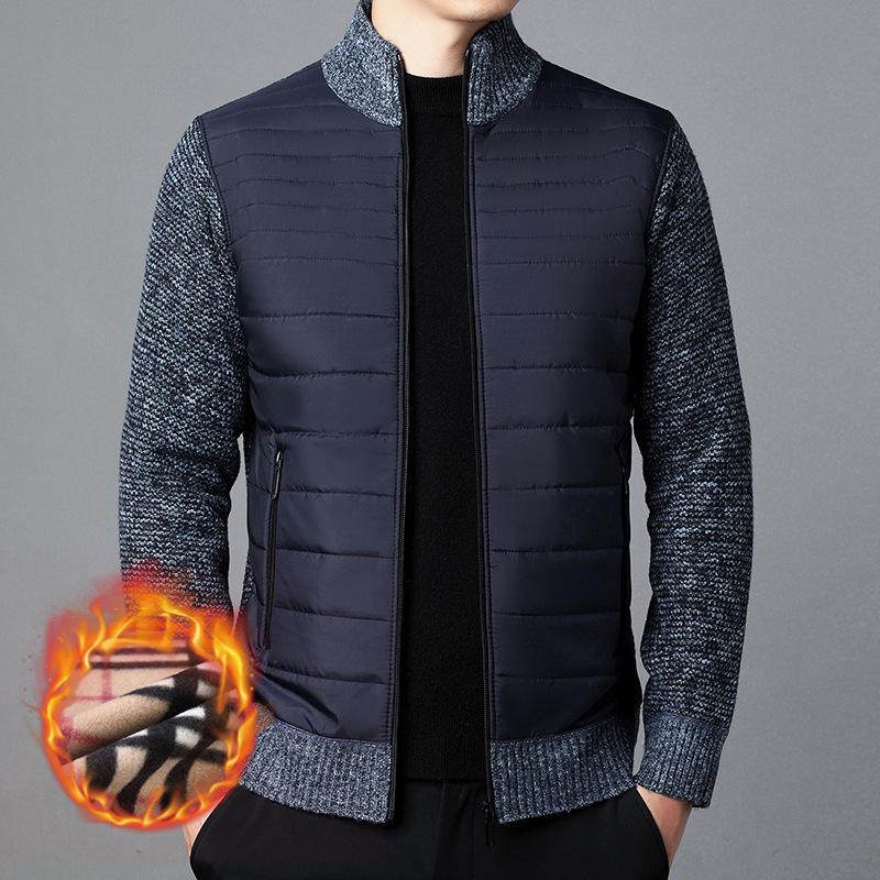 Men's Stand Collar Splicing Plus Velvet Sweater Sweater Large Size Fashionable Casual Cardigan Jacket