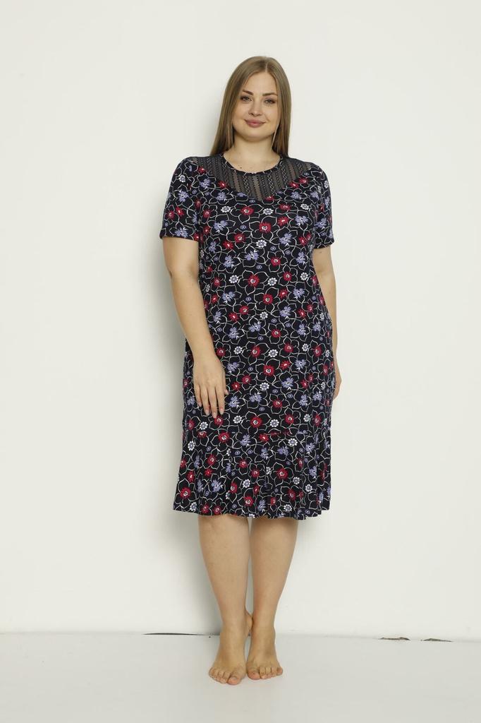 Women's Big Size Dress Patterned Pocket Tulle Detailed Combed Cotton Modal Plus Size Dress