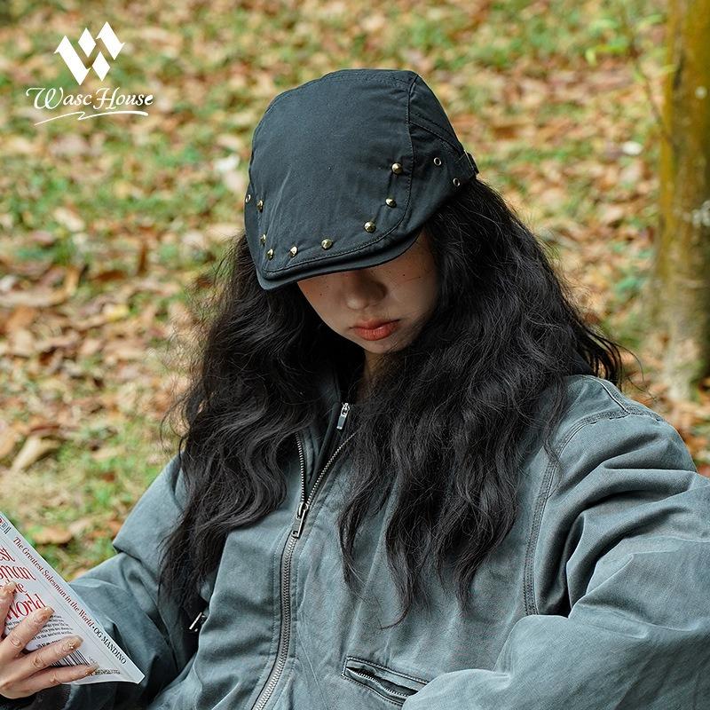 Vintage Rivet Beret Women's Spring and Summer Thin Forward Hat Sunshade Newsboy Hat Peaked Cap Men and Women