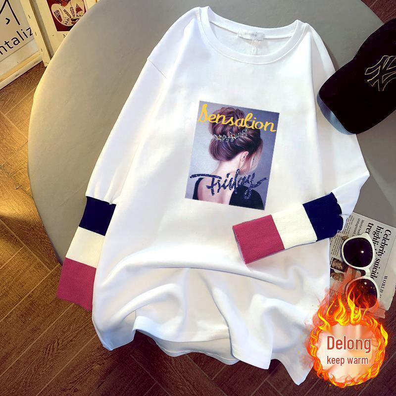 Women's Versatile Loose-Fit Pure Cotton Long Sleeve T-shirt, 2025 Autumn/Winter Collection - Mid-Length Base Layer Covering Buttocks.