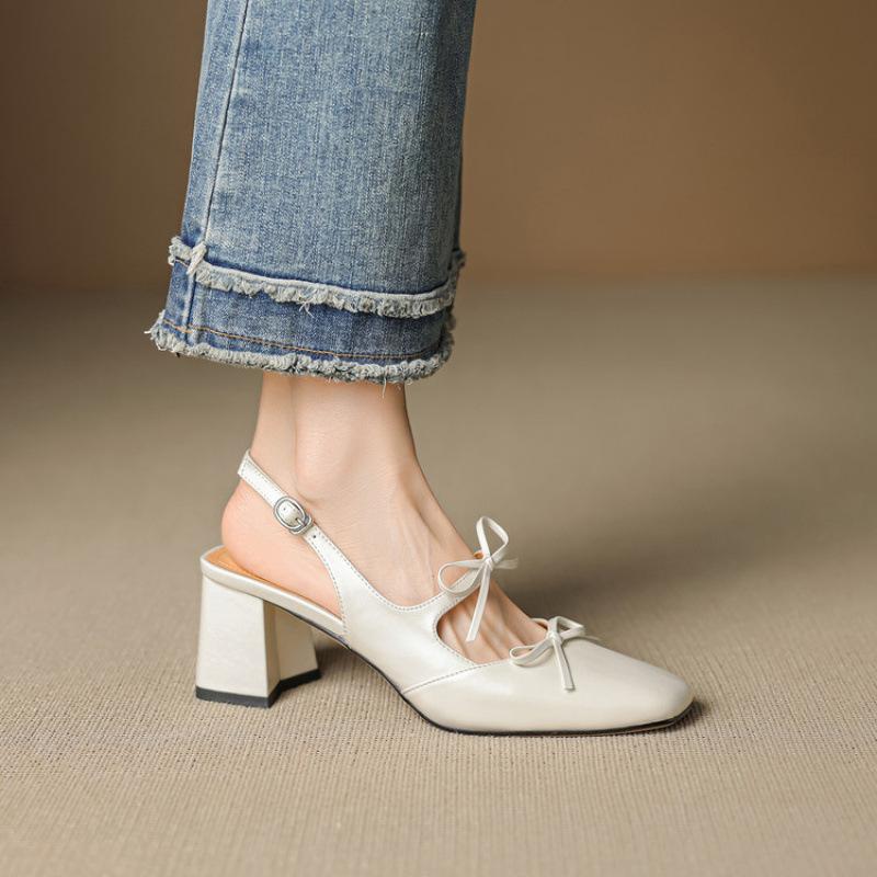 New large-size high-heeled sandals summer leather baotou sandals casual patent leather beef tendon soft sole rear empty sandals square heel