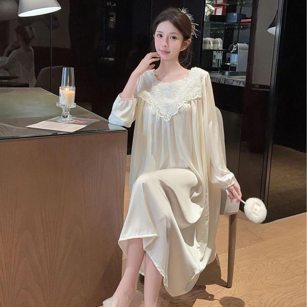 2026 French High-End Lace Cutout Long Sleeve Ice Silk Sleep Dress for Women