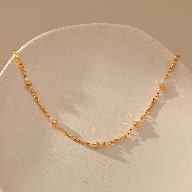 K Gold Plated Metal Texture Fortune Bead Short Necklace For Women
