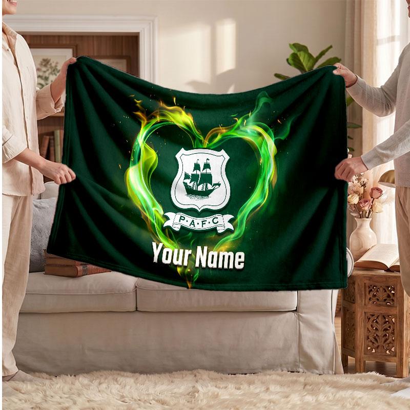 Plymouth Argyle FC Personalized Fleece Blanket With Football Logo, Custom Name Text Soft Warm Home Throw Blanket