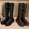 Cowhide Su Yinyin 6cm thick-soled but knee boots women's autumn and winter belt buckle thin boots western knight boots
