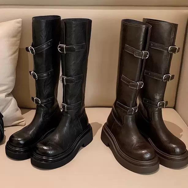 Cowhide Su Yinyin 6cm thick-soled but knee boots women's autumn and winter belt buckle thin boots western knight boots