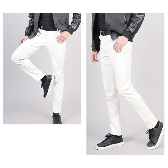 Men Faux Leather Pants Mid Waist Slim Fit Smooth Button Zipper Placket Solid Color Waterproof Hip Hop Style Streetwear Party Club Performance Trousers