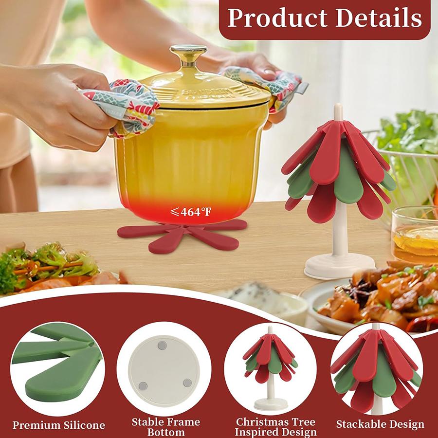 Silicone Coasters for Hot Dishes, Foldable Christmas Tree Shape Table Mat Set of 3 for Hot Pots and Pans, Heat Resistant Pads