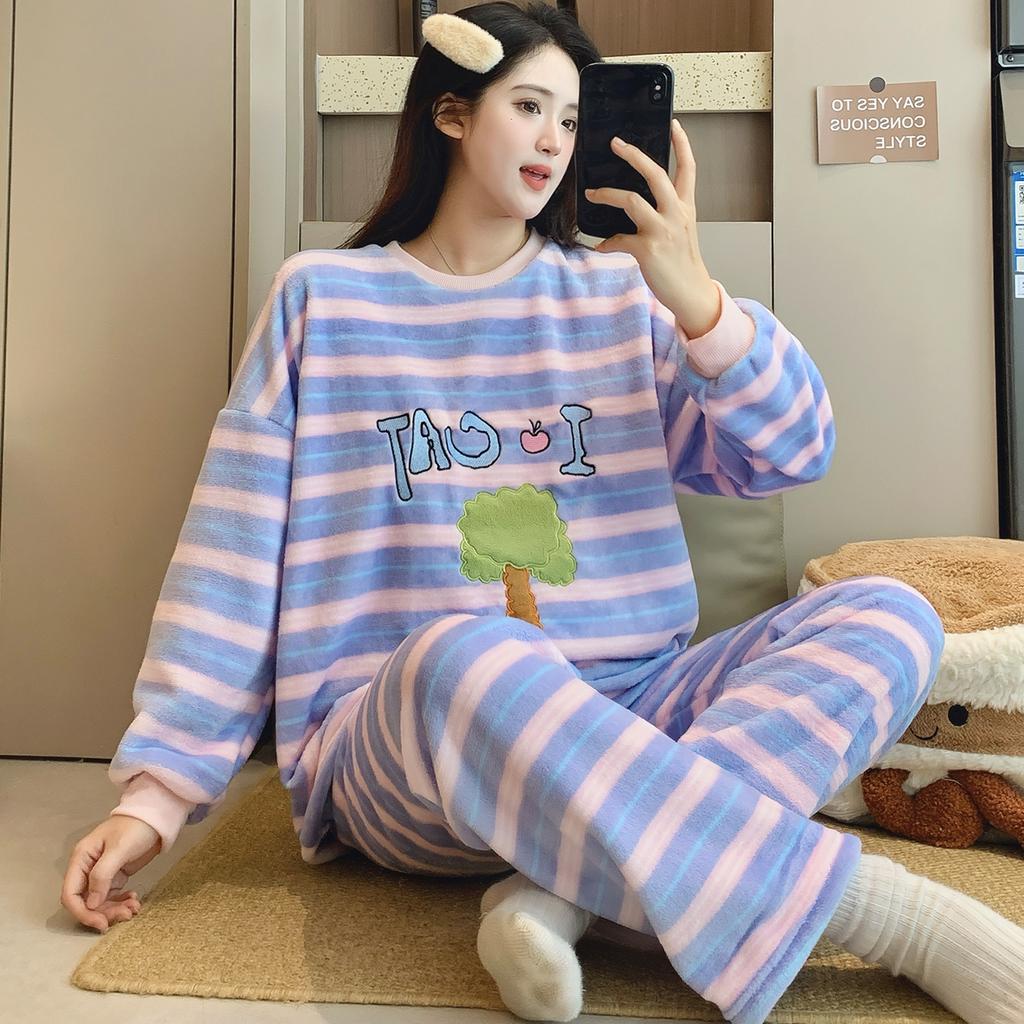 2025 new Autumn Winter cute Cartoon Pajamas Sets for Women Warm Thicken Pajama Long Sleepwear young Girl pyjamas Coral Fleece Homewear Clothes