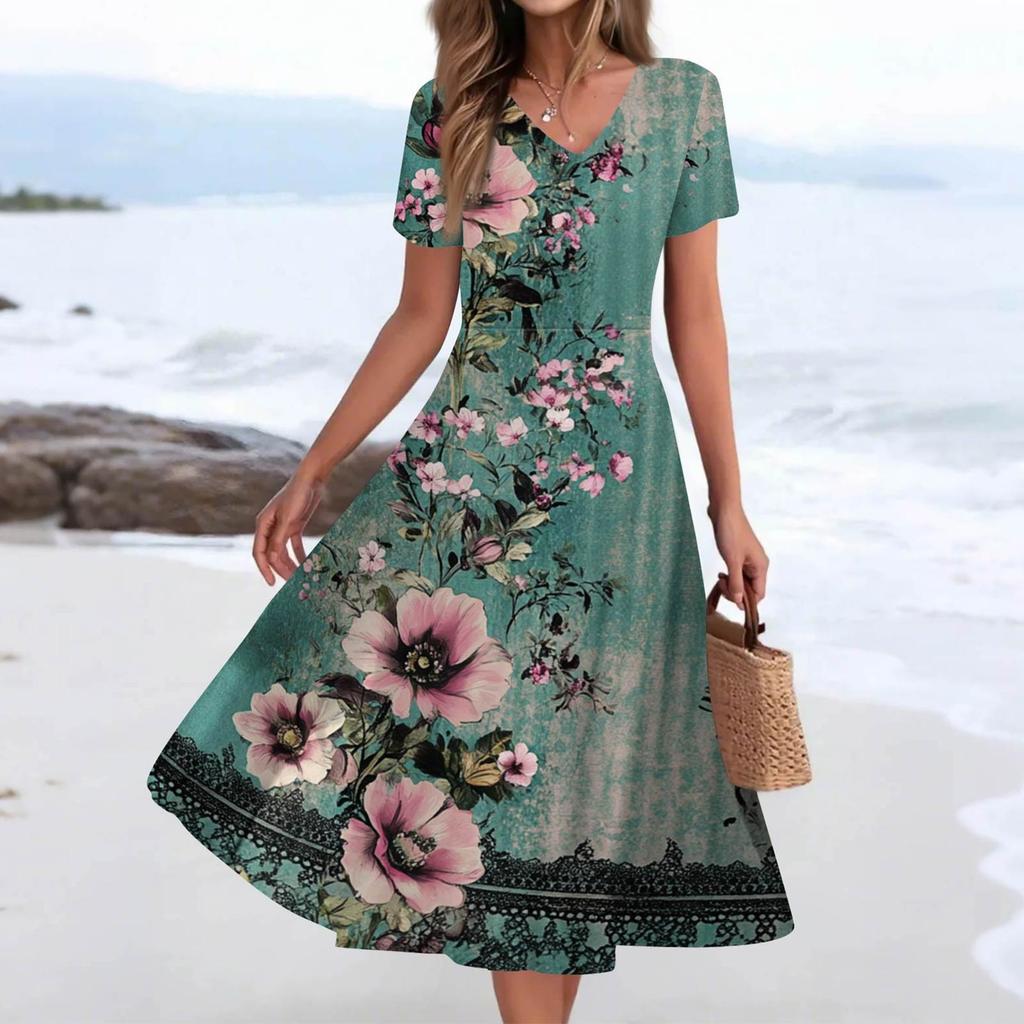 Women's Summer Casual Fashion Print Pocket Short Sleeve V-Neck Swing Dress