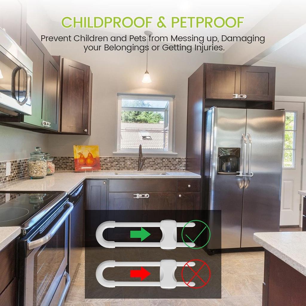 10 Pieces Cabinet Locks for Babies, U-Shaped Proofing Drawers Safety Child Locks Adjustable