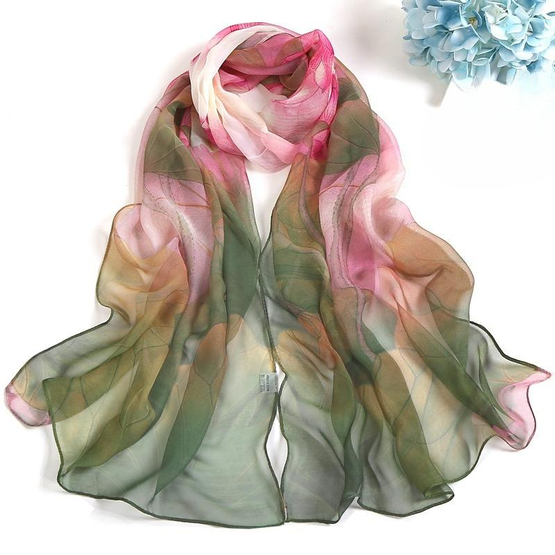 Lotus Sunscreen Silk Scarf Seaside Beach Towel Long Ladies Silk Scarf Lotus Pond Moonlight Thin Silk Scarf