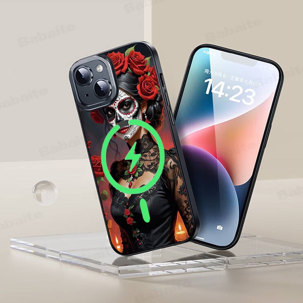 Catrina Beautiful Rose Girl Skull Phone Case Magnetic Case For iPhone 17 16 15 14 13 12 11 For Magsafe Wireless Charge Cover