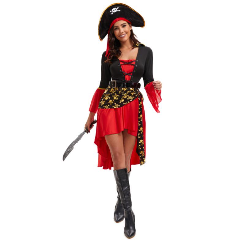 Women's Red Pirate Captain Halloween Costume - Masquerade Role-Playing Stage Outfit