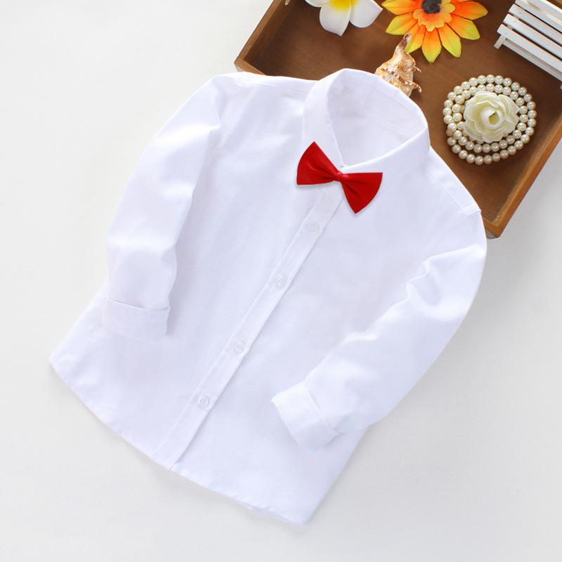 Boys' White Cotton Long Sleeve Shirt - Solid Color for Ages 2-14, Ideal for Primary School and Performances.
