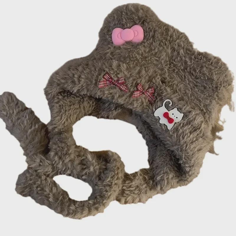 Căciulă caldă de pluș cu urechi de ursuleț și pisică, cu fundă, pentru femei – Protecție pentru urechi de toamnă/iarnă cu design cu față deschisă