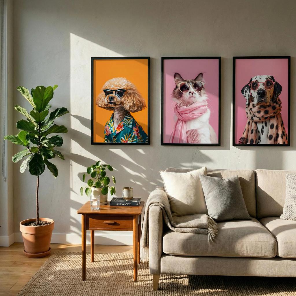 Set of 3 Fashion Animal Wall Art, Pink Aesthetic Dog Cat Prints, Stylish Pet Posters,Trendy Colorful Wall Decor Anime Room Decor
