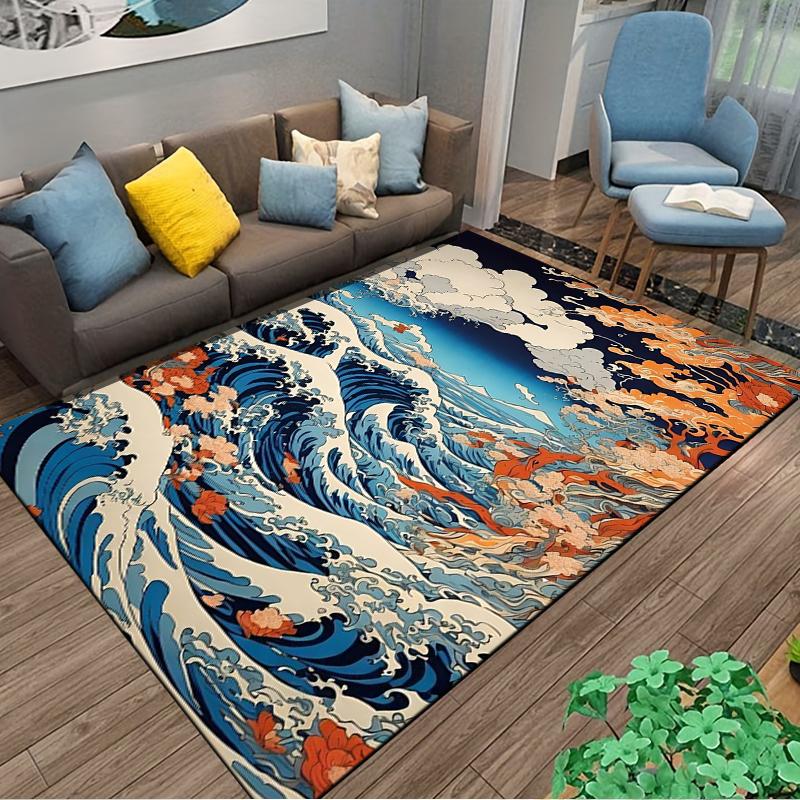 Japanese Wave and Flower Pattern Carpet, Ocean Scenery Rug Decor Suitable for use as an anti-slip for living room bedroom sofas