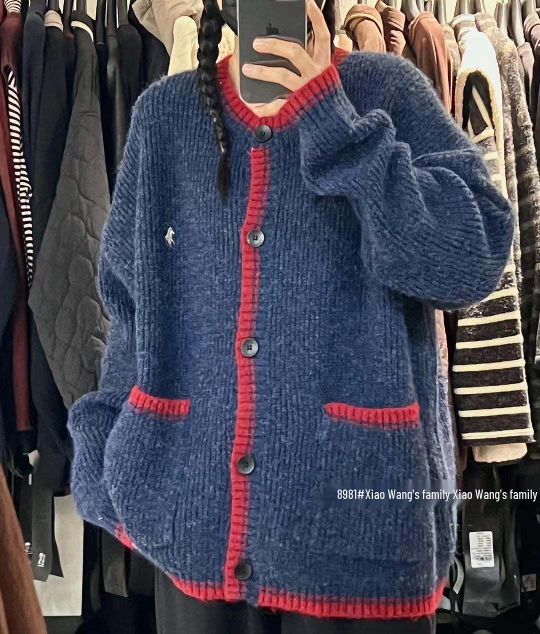 

Кардиган вязаный вышитый в стиле кэжуал, колор-блок, больших размеров, в корейском стиле, 8981, Сяо Ван One Size синий