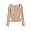 Spicy Girl Sexy Low Neck Long Sleeve T-shirt - Spring Stylish Slim Fit Solid Color Women's Top