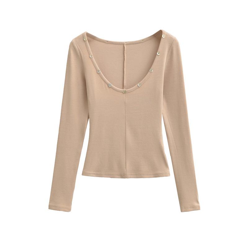 Spicy Girl Sexy Low Neck Long Sleeve T-shirt - Spring Stylish Slim Fit Solid Color Women's Top