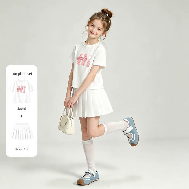 FivePlus Girls' Summer Short Sleeve Pleated Skirt Set