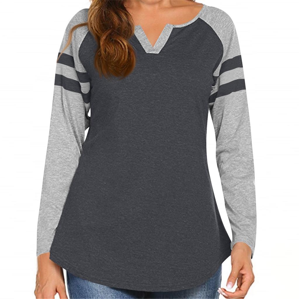 Women's Casual Fashion Striped Long-sleeved T-shirt V-neck Color-blocked Top
