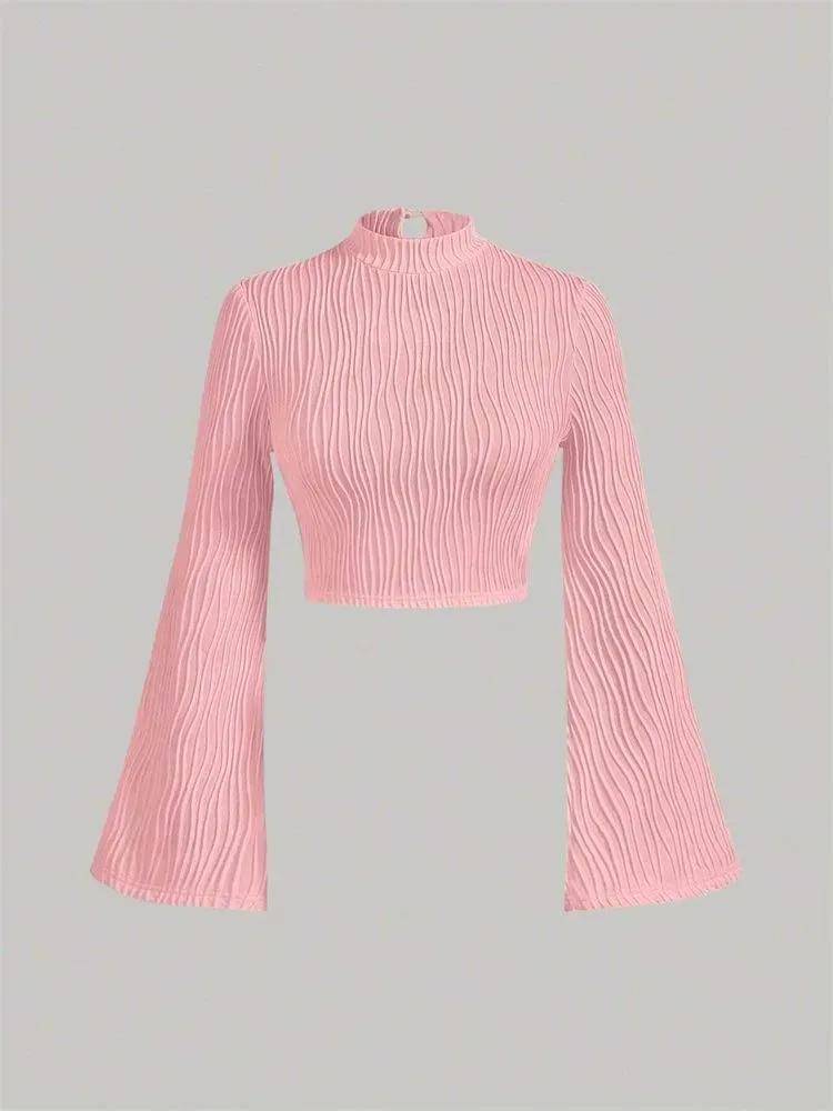 Long Sleeve Crop Top Phumee Textured Mock Neck Solid color A1144