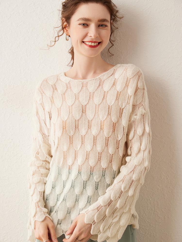 Cashmere Openwork Feather Knit Round Neck Long Sleeve Sweater